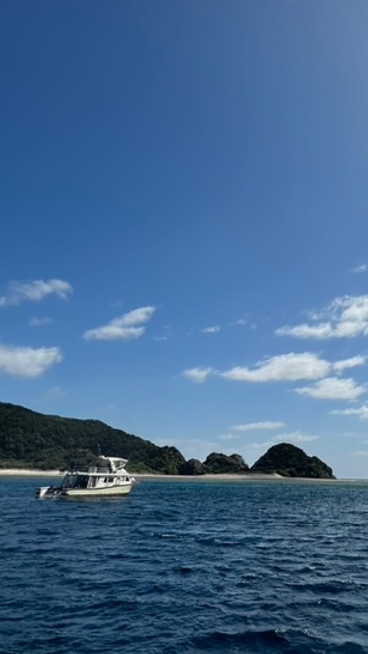 青空と海、山が写っている様子